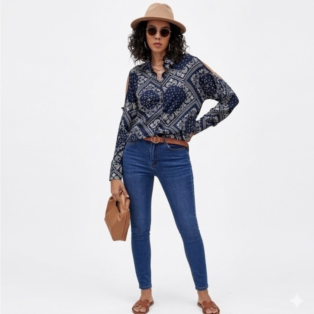 Size XS Navy Blue Cotton-Blend Cold Shoulder Tunic Top BRAND NEW